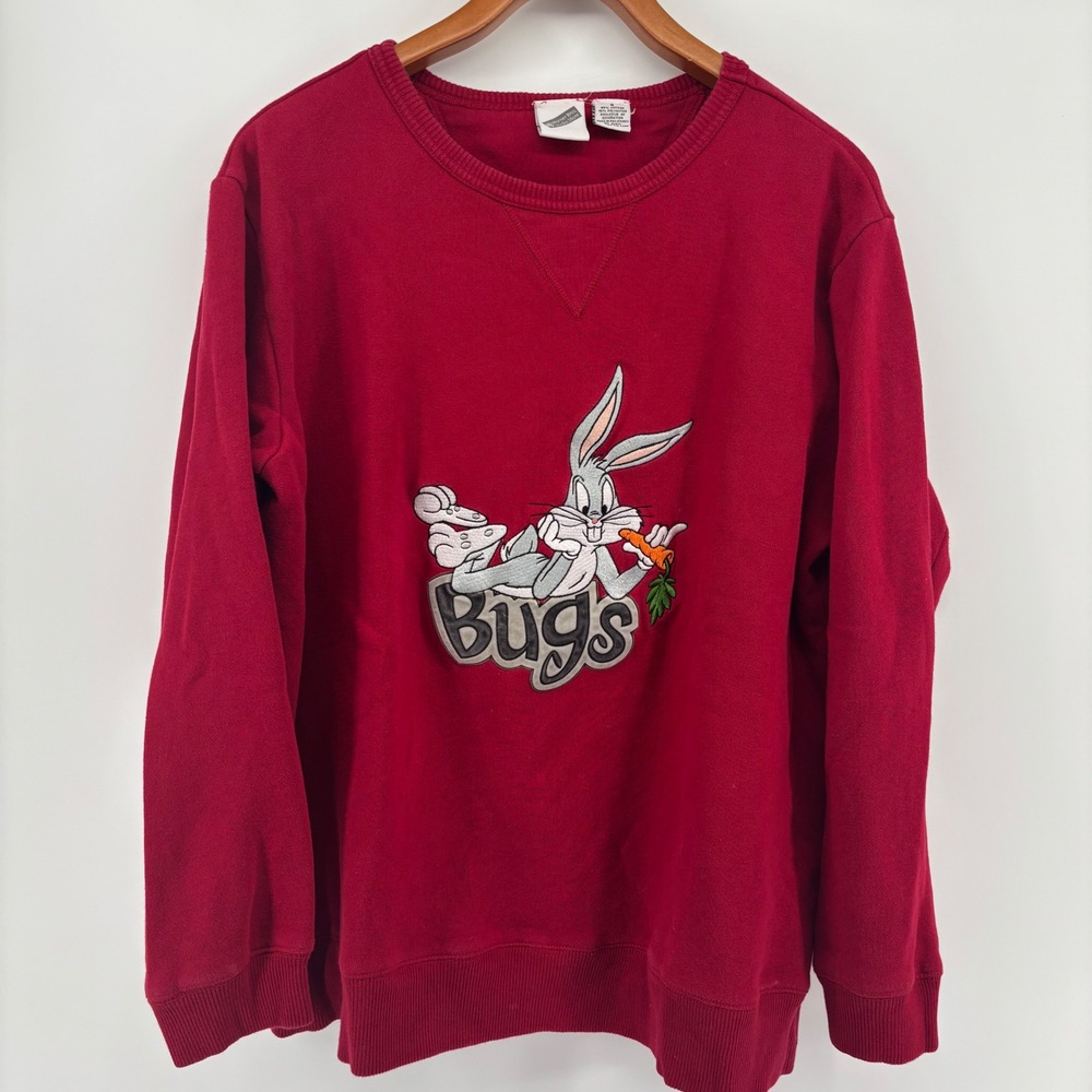 Vintage Warner Bros Studio Store‎ Bugs Bunny Embroidered Red Sweatshirt Small
